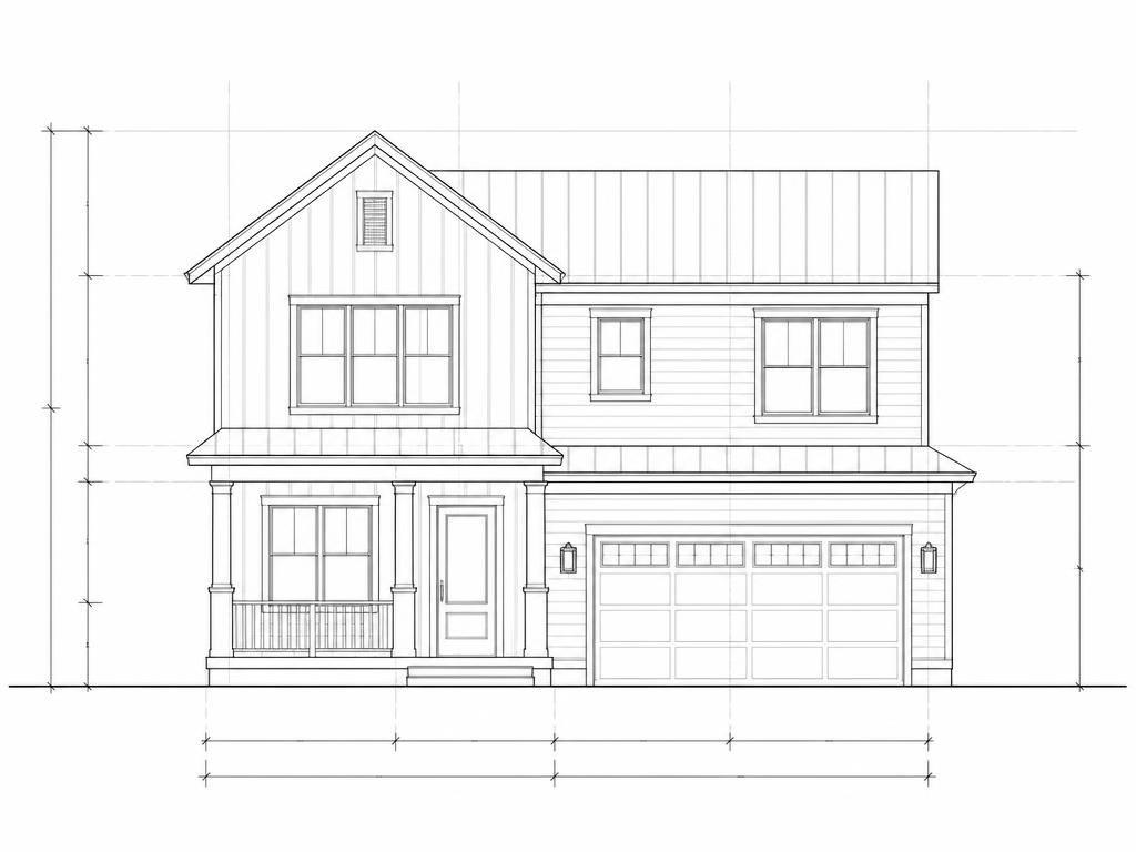 Architectural line elevation of a two-story house with dimension marks